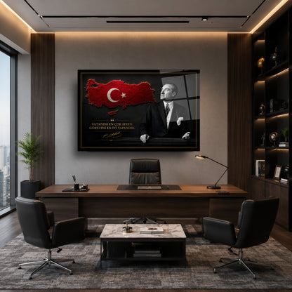Atatürk Sözlü Kırmızı Türkiye Haritası Cam Tablo