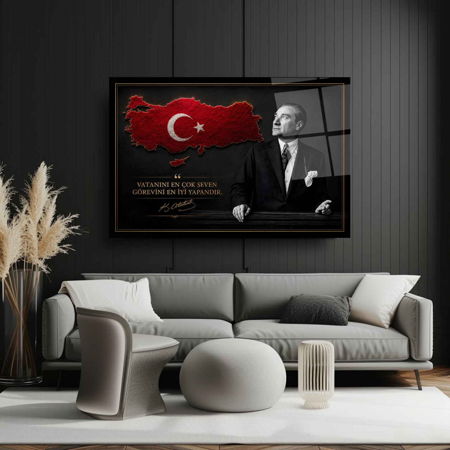 Atatürk Sözlü Kırmızı Türkiye Haritası Cam Tablo