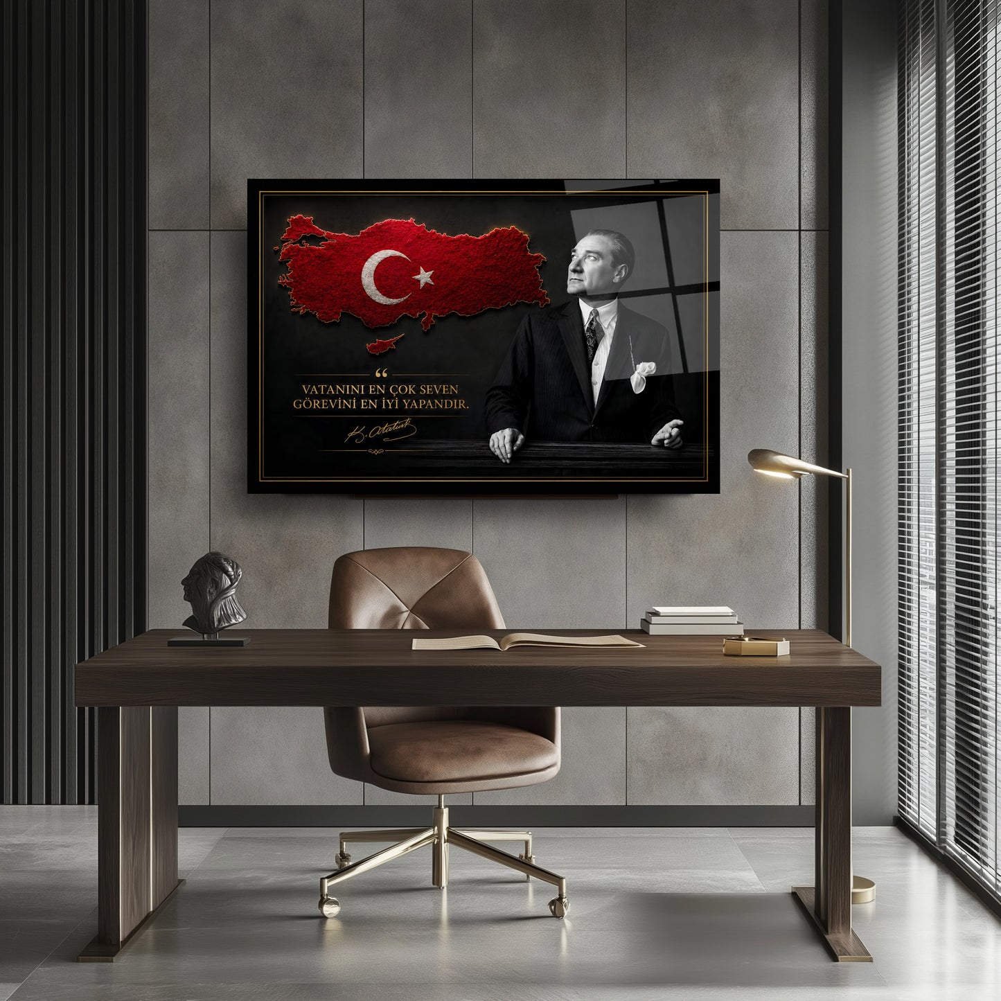 Atatürk Sözlü Kırmızı Türkiye Haritası Cam Tablo