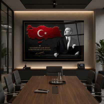 Atatürk Sözlü Kırmızı Türkiye Haritası Cam Tablo
