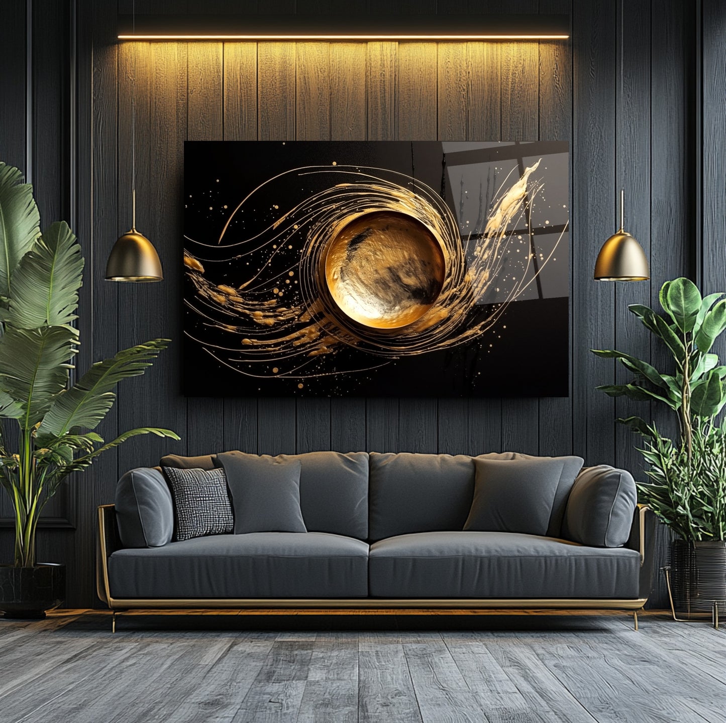 Gold Daire Soyut Cam Tablo