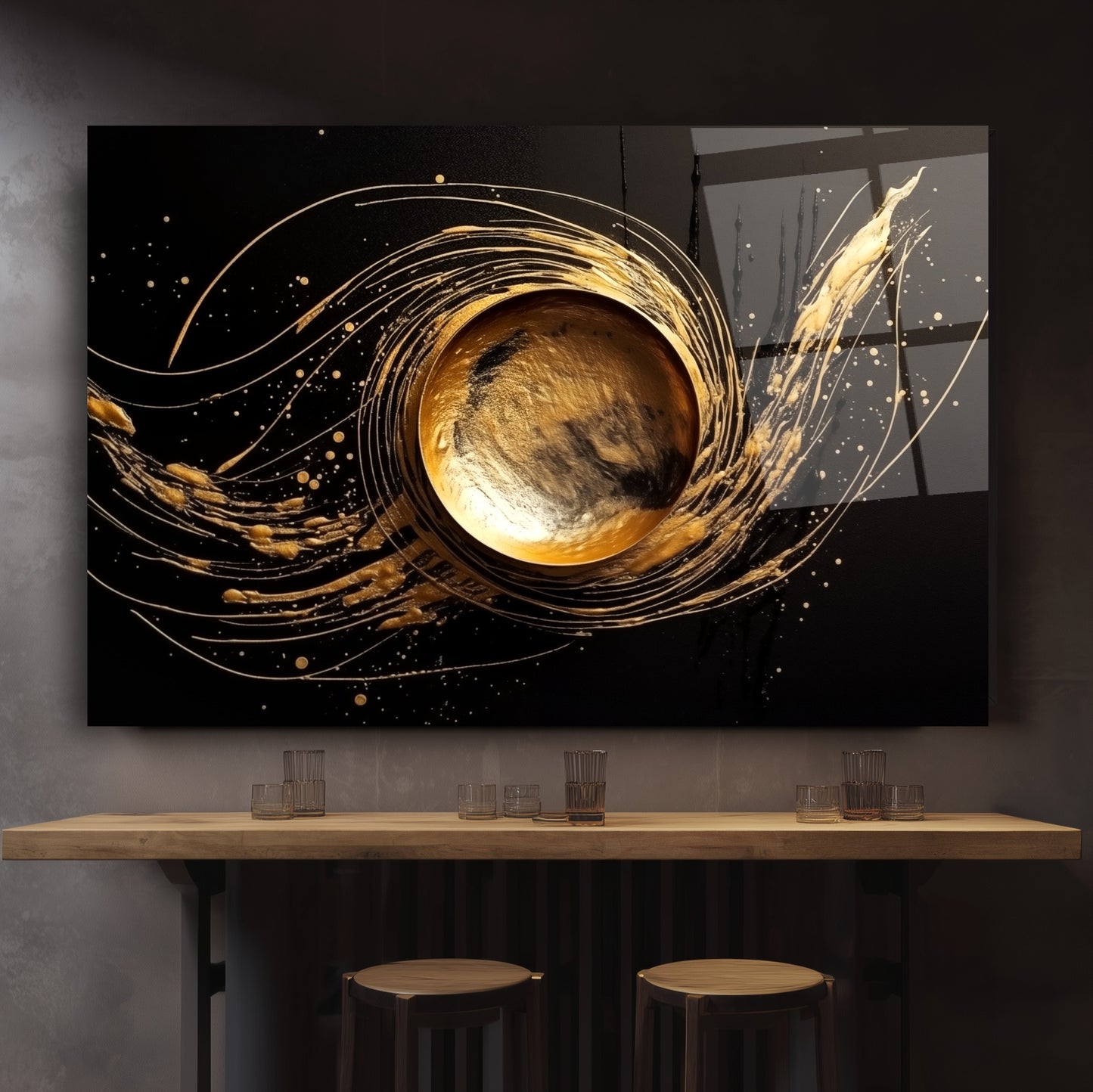 Gold Daire Soyut Cam Tablo