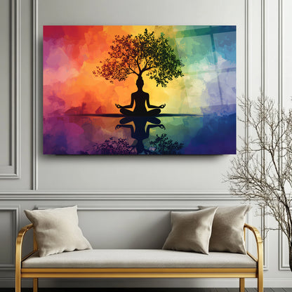 Meditasyon ve Hayat Ağacı Renkli Cam Tablo
