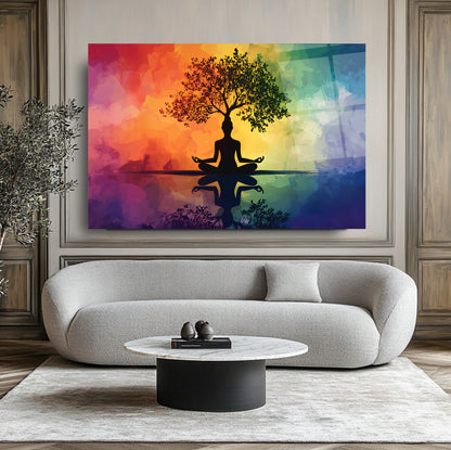 Meditasyon ve Hayat Ağacı Renkli Cam Tablo