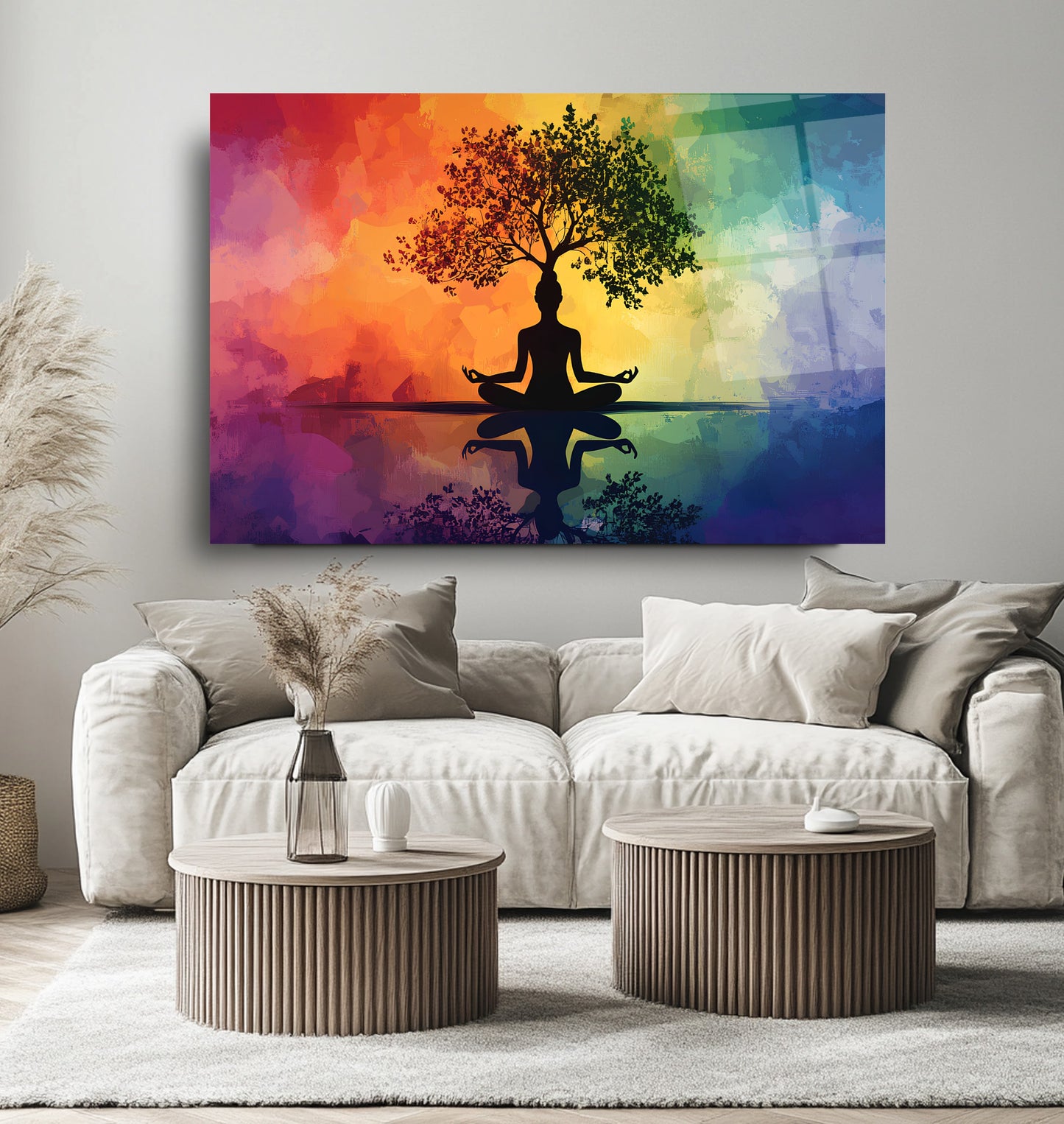 Meditasyon ve Hayat Ağacı Renkli Cam Tablo