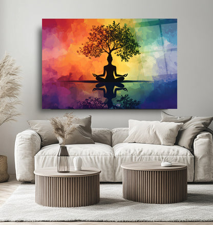 Meditasyon ve Hayat Ağacı Renkli Cam Tablo