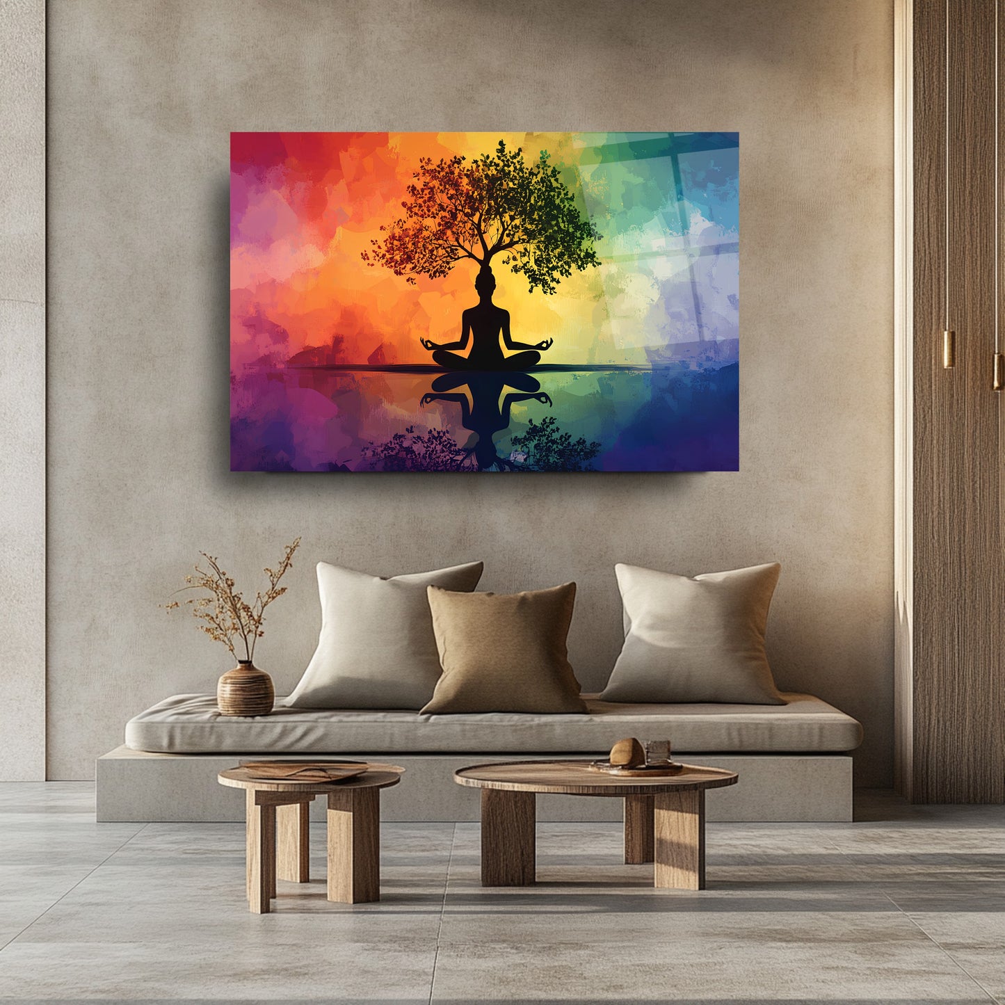 Meditasyon ve Hayat Ağacı Renkli Cam Tablo