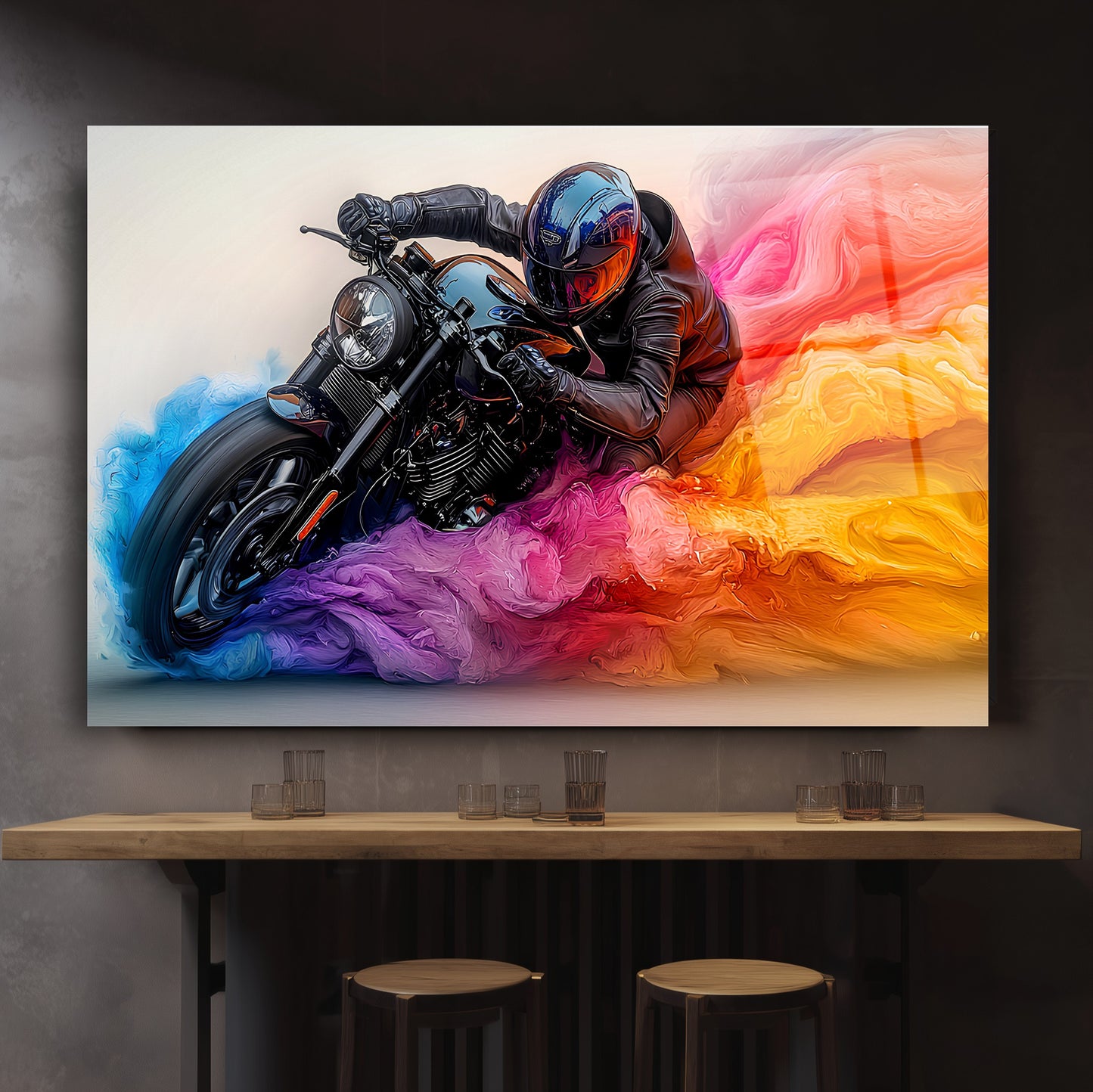 Renkli Dumanlı Motosiklet Kırılmaz Gerçek Cam Tablo