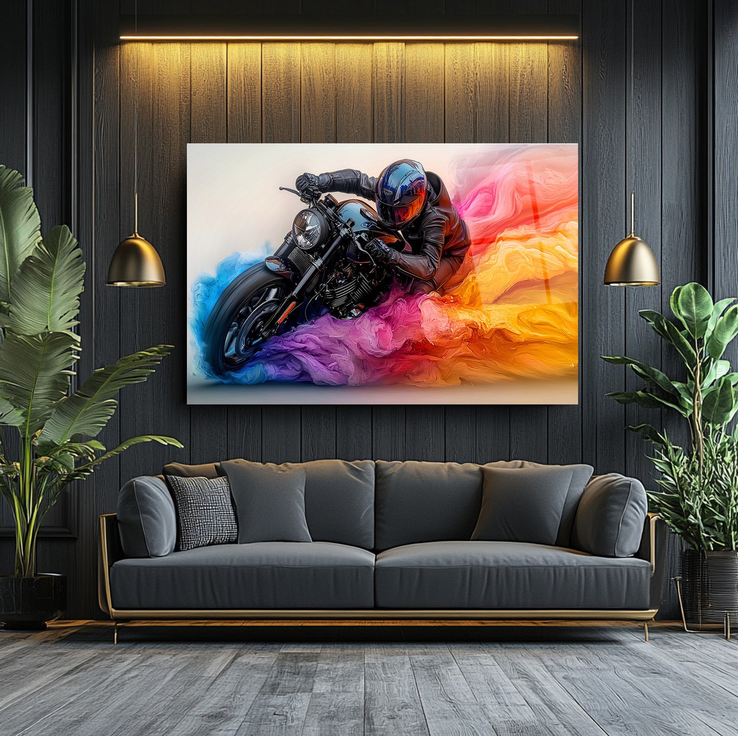 Renkli Dumanlı Motosiklet Kırılmaz Gerçek Cam Tablo