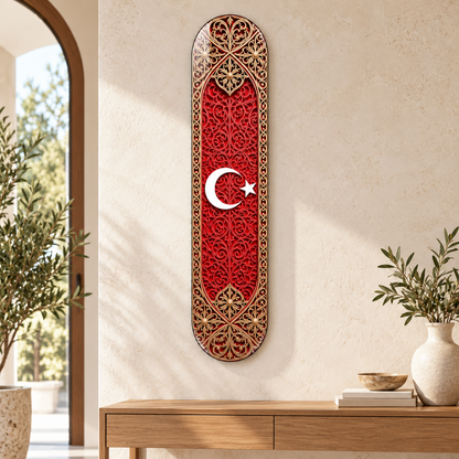 Kırmızı Altın Tezhipli Ay Yıldız Dikey Skate Board Cam Tablo – Antre