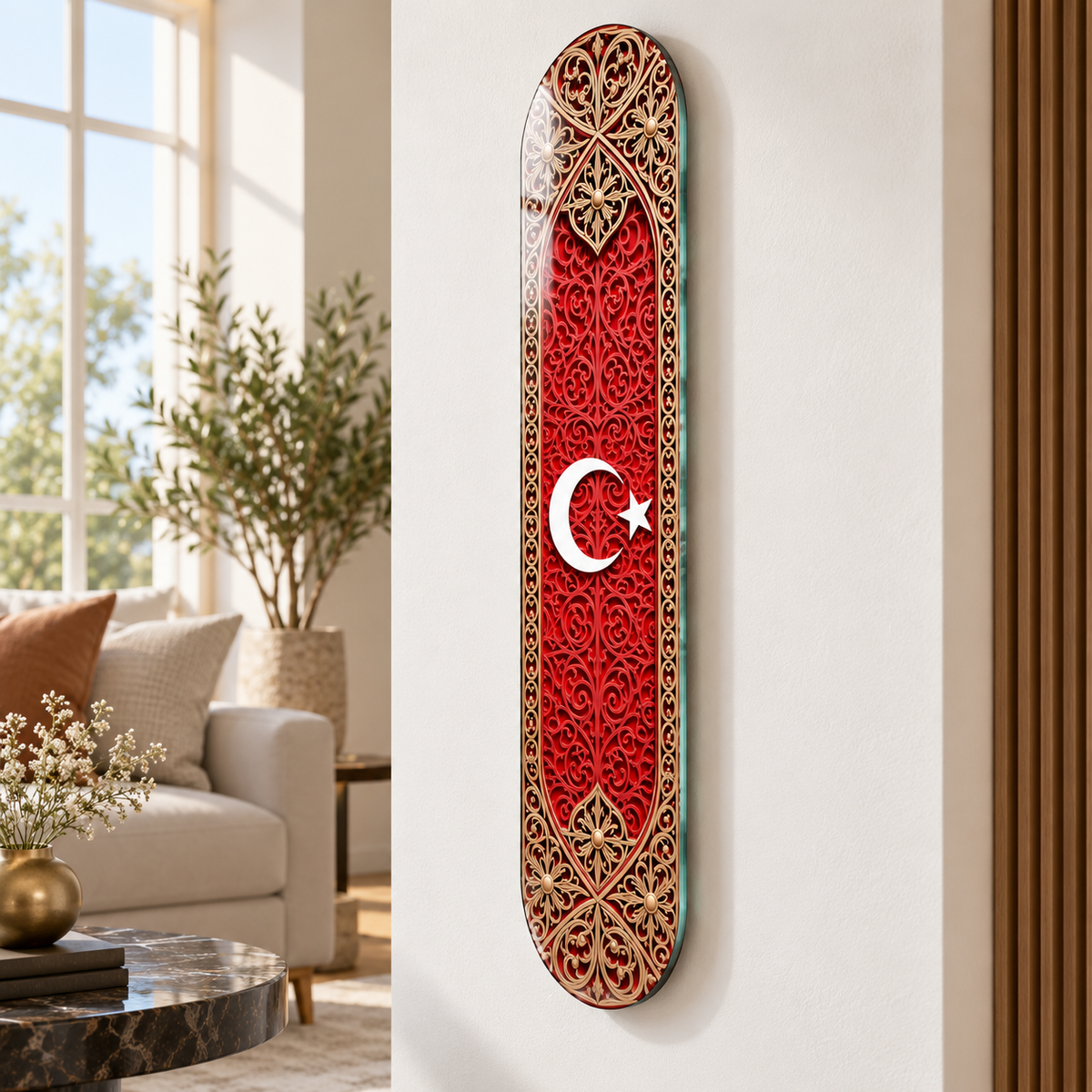 Kırmızı Altın Tezhipli Ay Yıldız Dikey Skate Board Cam Tablo – Duvar mesafesi