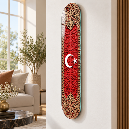 Kırmızı Altın Tezhipli Ay Yıldız Dikey Skate Board Cam Tablo – Duvar mesafesi