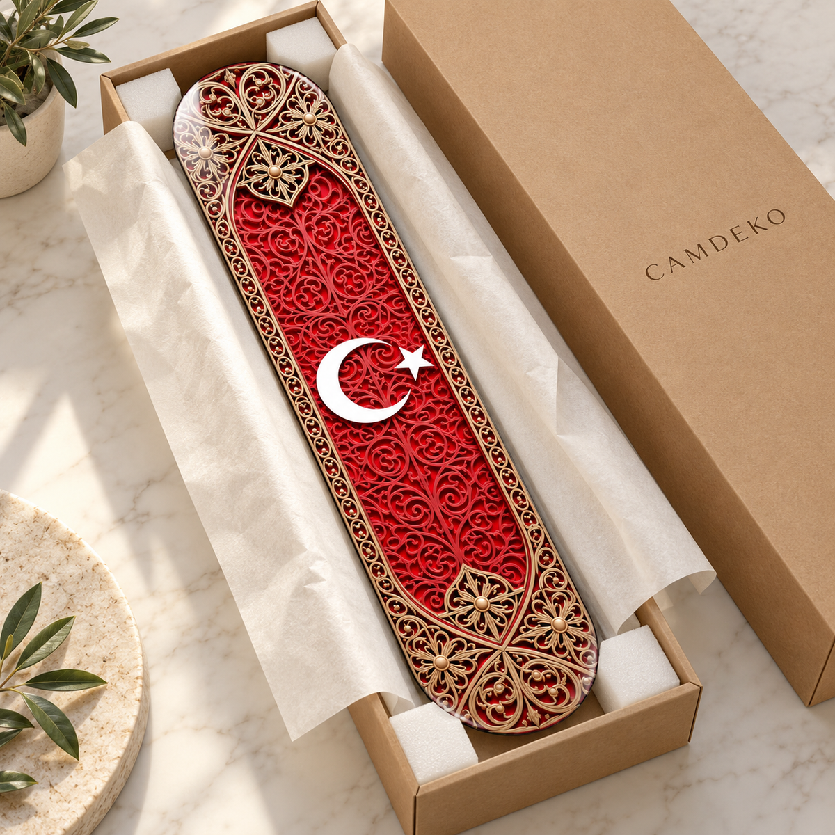 Kırmızı Altın Tezhipli Ay Yıldız Dikey Skate Board Cam Tablo – CAMDEKO ambalajı