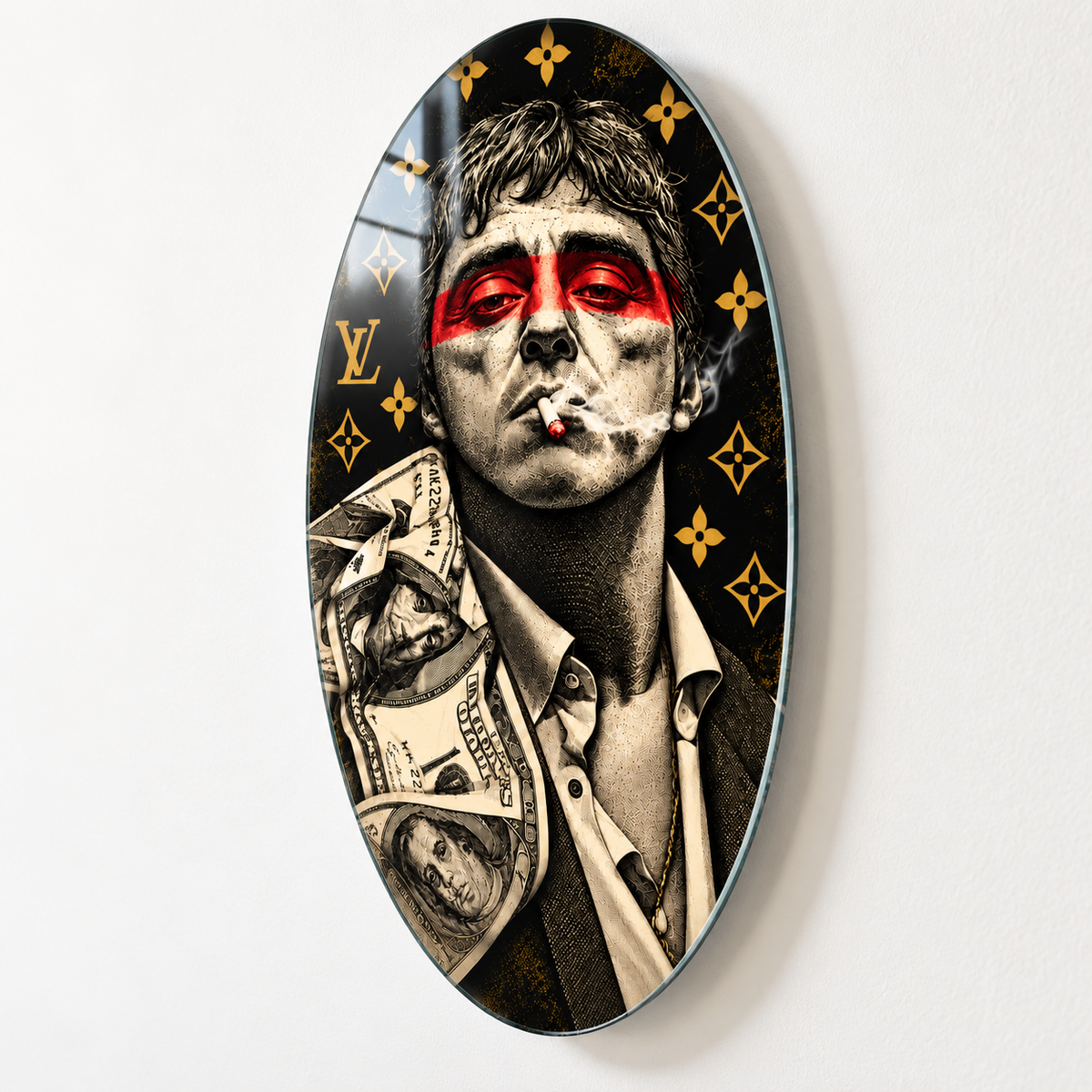 Kırmızı Bantlı Altın Motifli Portre Dikey Oval Cam Tablo - Duvar mesafesi