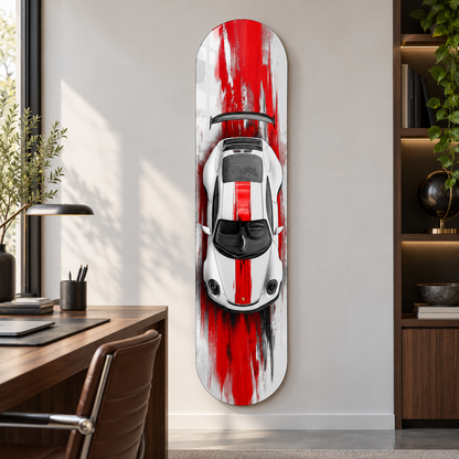 Kırmızı Fırça İzli Beyaz Spor Otomobil Dikey Skate Board Cam Tablo – Çalışma odası