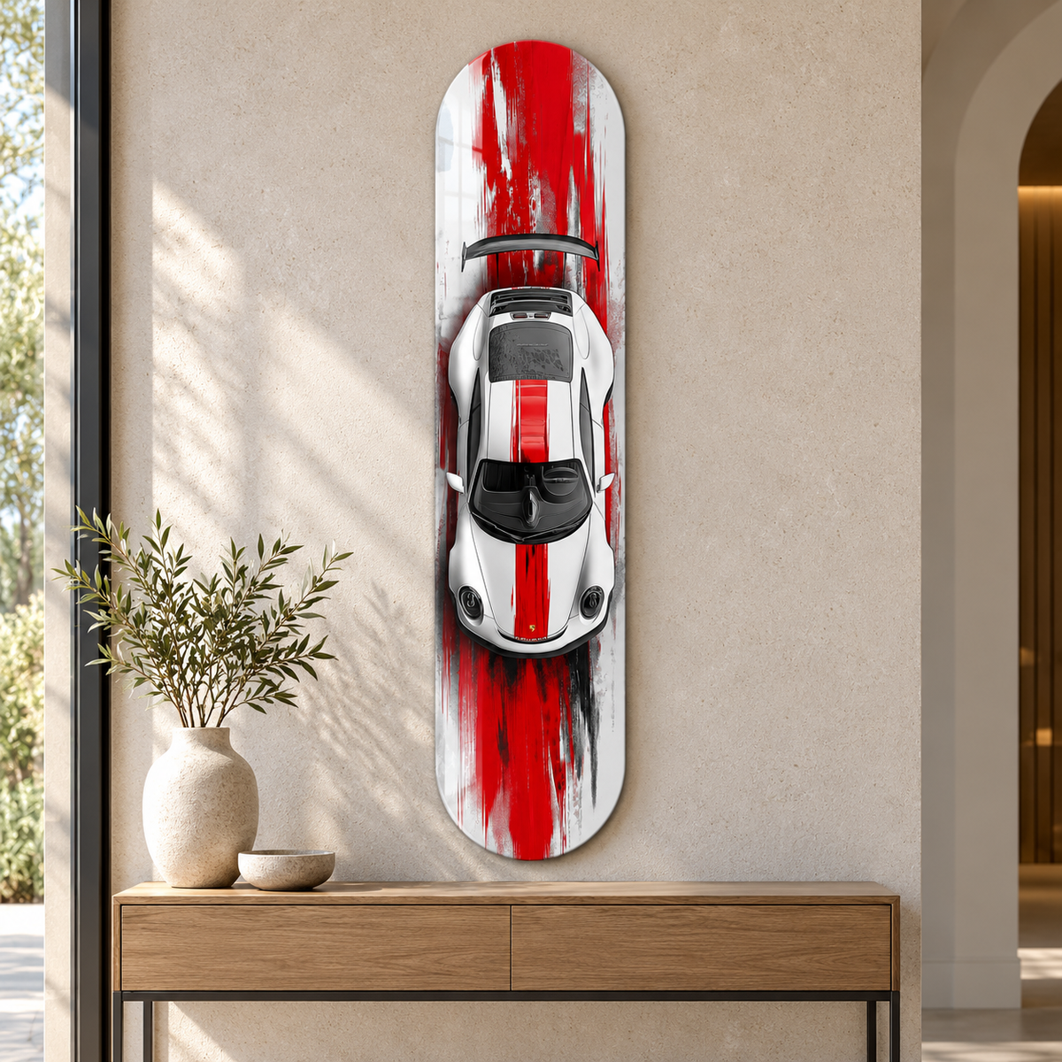 Kırmızı Fırça İzli Beyaz Spor Otomobil Dikey Skate Board Cam Tablo – Konsol