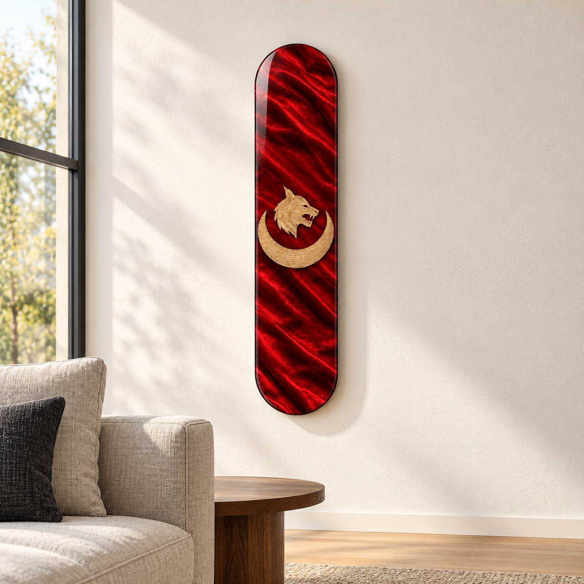 Kırmızı Saten Hilal ve Bozkurt Dikey Skate Board Cam Tablo – Salonda görünüm