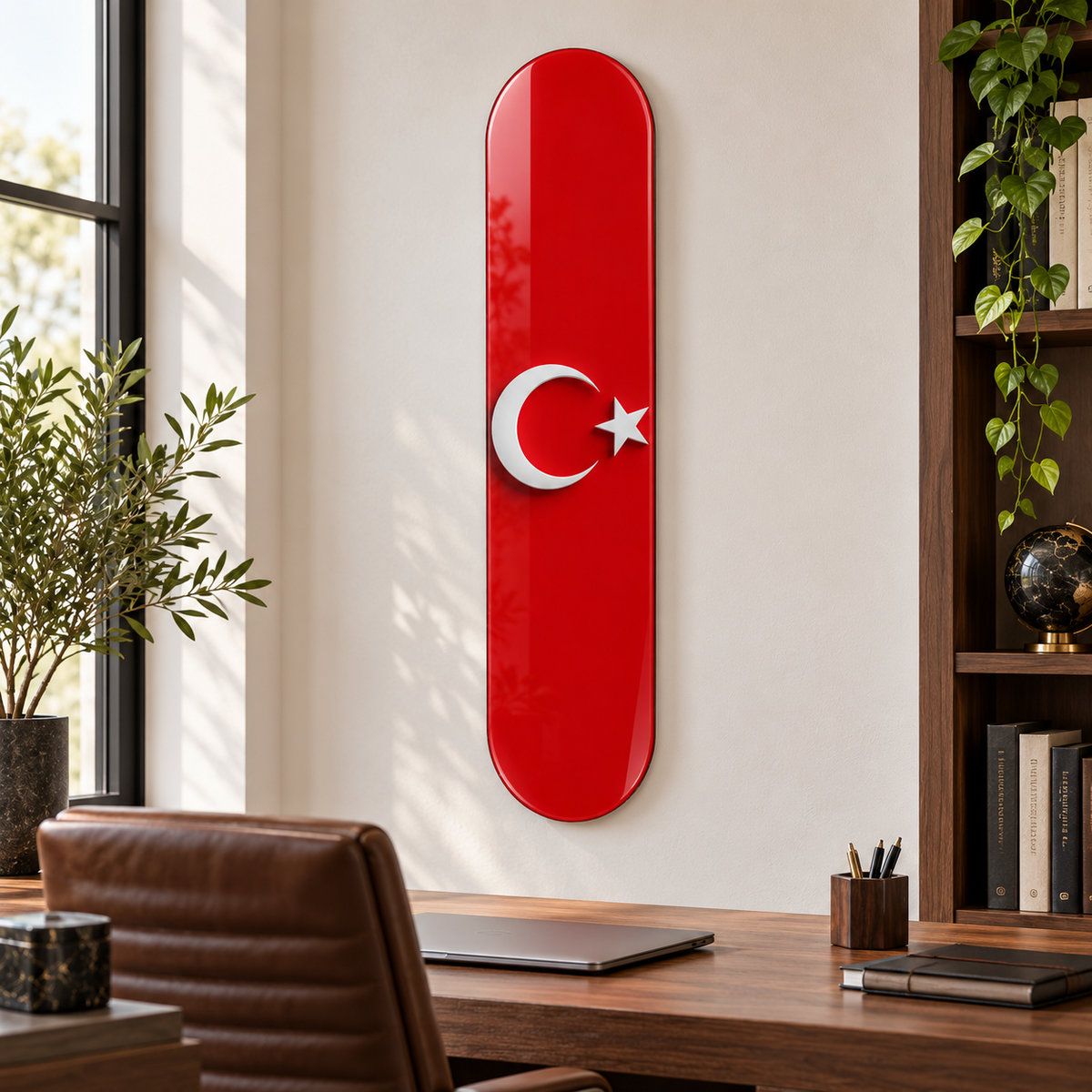 Kırmızı Zeminde Beyaz Ay Yıldız Dikey Skate Board Cam Tablo – Çalışma odası