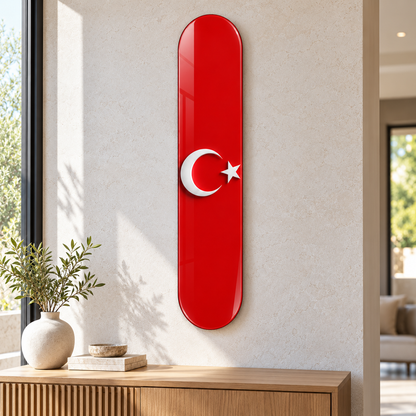 Kırmızı Zeminde Beyaz Ay Yıldız Dikey Skate Board Cam Tablo – Antre