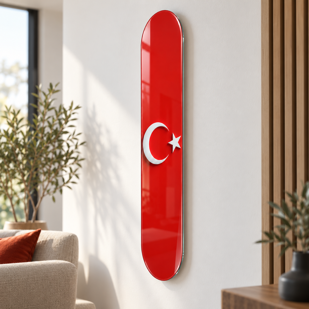Kırmızı Zeminde Beyaz Ay Yıldız Dikey Skate Board Cam Tablo – Duvar mesafesi