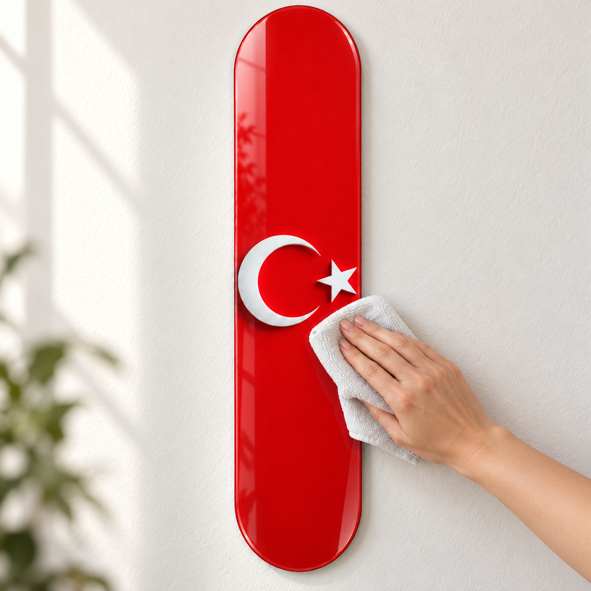 Kırmızı Zeminde Beyaz Ay Yıldız Dikey Skate Board Cam Tablo – Mikrofiber temizlik