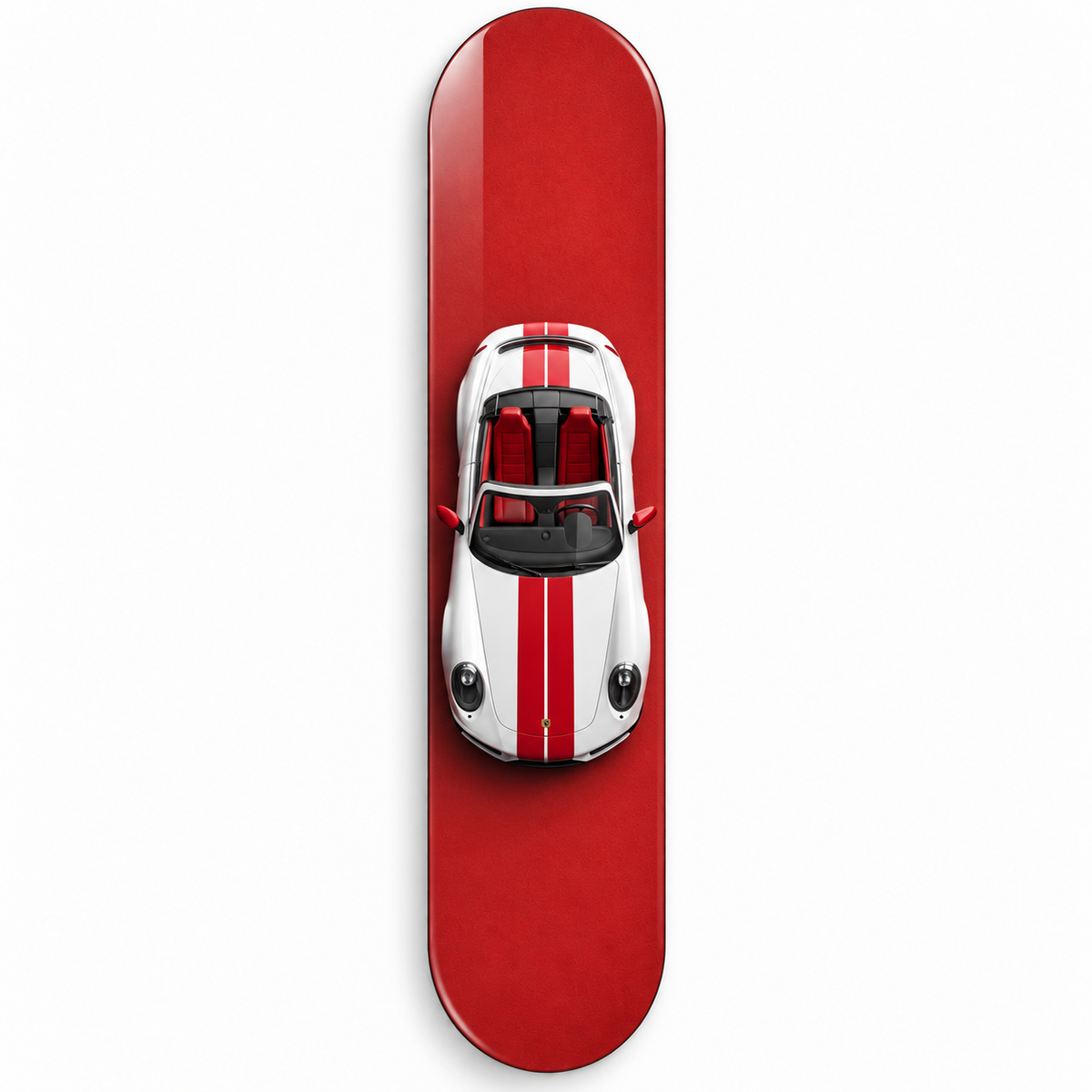 Kırmızı Zeminde Çift Şeritli Beyaz Spor Cabrio Dikey Skate Board Cam Tablo – Vitrin