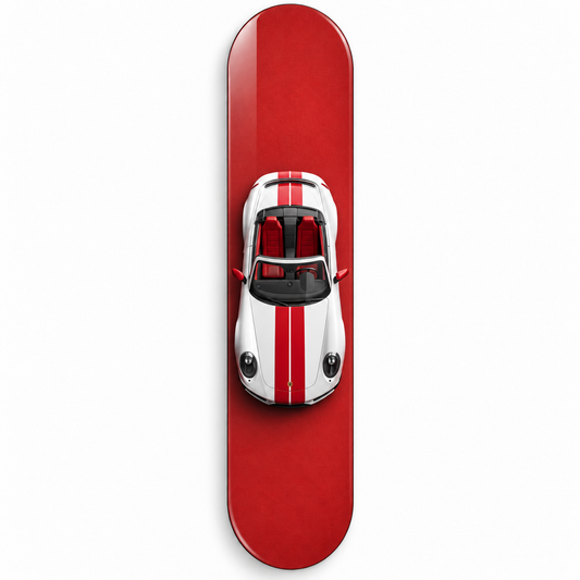 Kırmızı Zeminde Çift Şeritli Beyaz Spor Cabrio Dikey Skate Board Cam Tablo – Vitrin