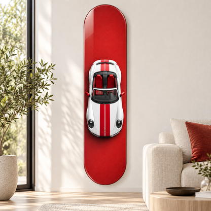 Kırmızı Zeminde Çift Şeritli Beyaz Spor Cabrio Dikey Skate Board Cam Tablo – Salon