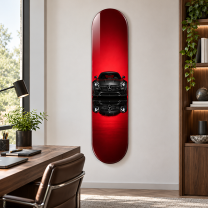 Kırmızı Zeminde Siyah Spor Otomobil Dikey Skate Board Cam Tablo – Çalışma odası