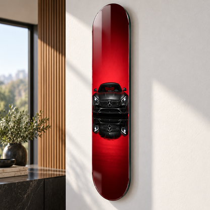 Kırmızı Zeminde Siyah Spor Otomobil Dikey Skate Board Cam Tablo – Açılı görünüm