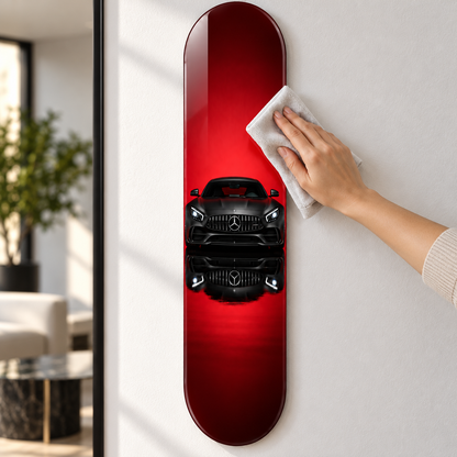 Kırmızı Zeminde Siyah Spor Otomobil Dikey Skate Board Cam Tablo – Bakım