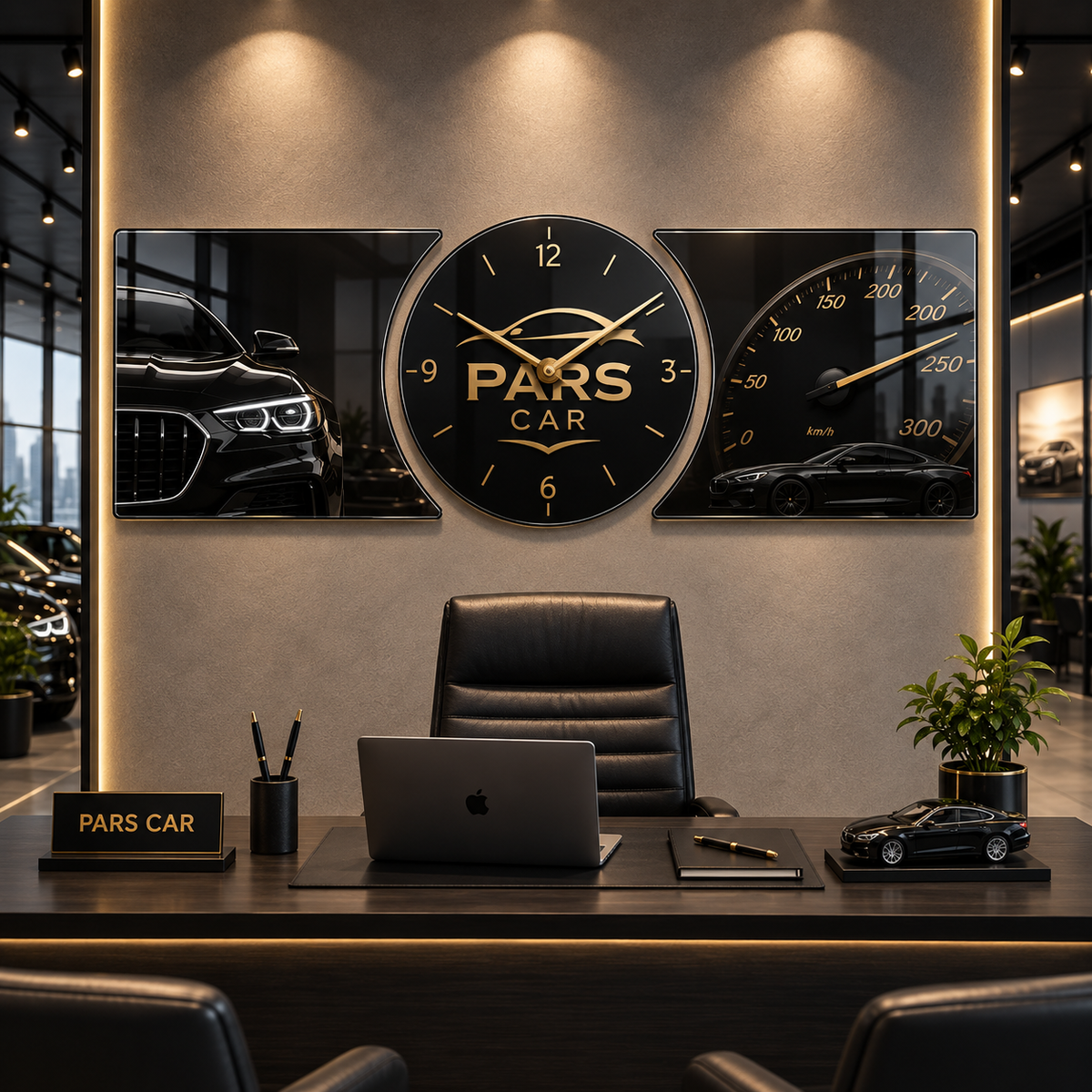 PARS CAR oto galeri için otomobil temalı kişiye özel cam saat ve şekilli kesim tablo seti örneği