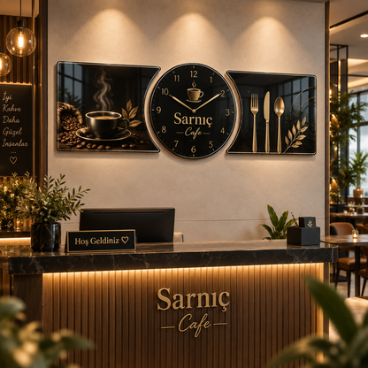 Sarnıç Kafe için kahve temalı kişiye özel yuvarlak cam saat ve şekilli kesim yan tablolar