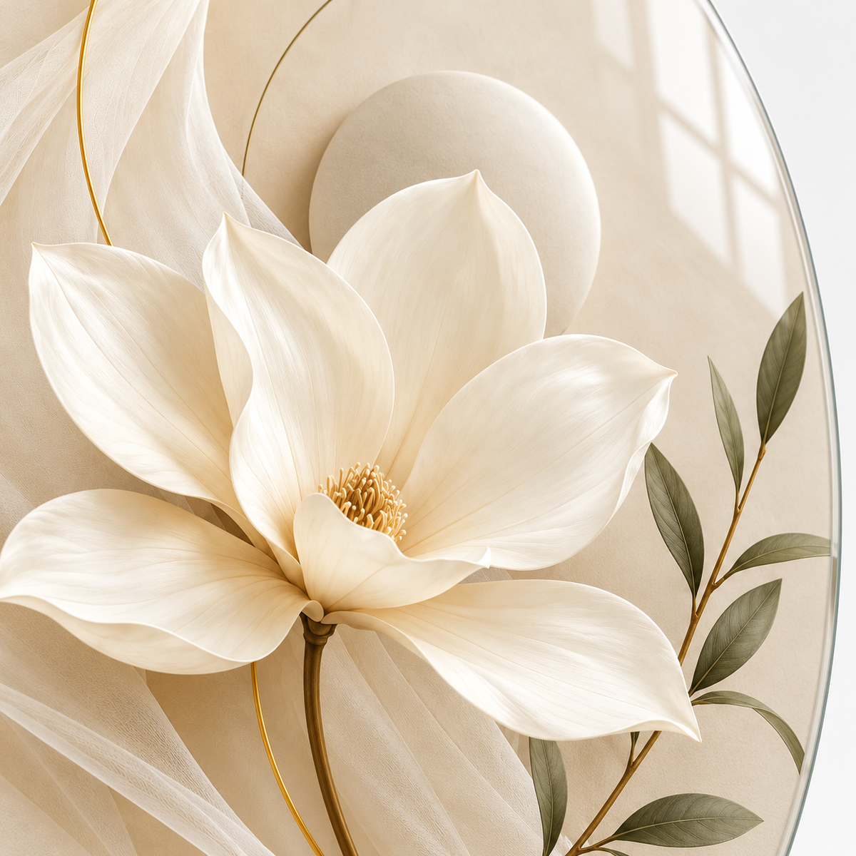 Krem Zeminde Fildişi Manolya Dikey Oval Cam Tablo - UV baskı detayı