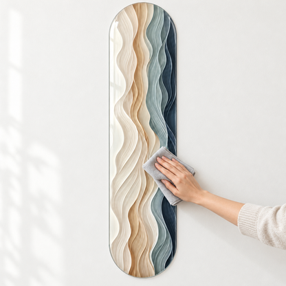 Krem bej ve mavi gri dalgalı dikey skateboard cam tablo - mikrofiber bezle temizlik
