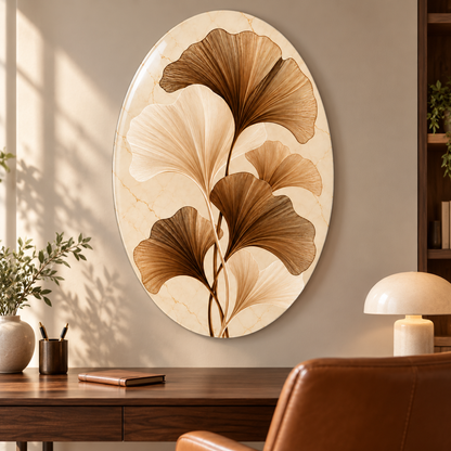 Krem Mermer Zeminli Bronz Ginkgo Dikey Oval Cam Tablo - Çalışma odası