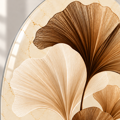 Krem Mermer Zeminli Bronz Ginkgo Dikey Oval Cam Tablo - UV baskı detayı