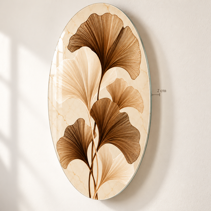 Krem Mermer Zeminli Bronz Ginkgo Dikey Oval Cam Tablo - 2 cm duvar mesafesi