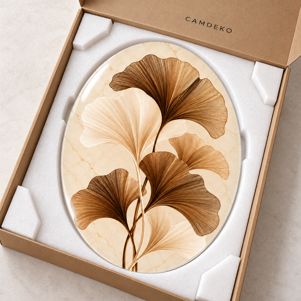 Krem Mermer Zeminli Bronz Ginkgo Dikey Oval Cam Tablo - Koruyucu paketleme