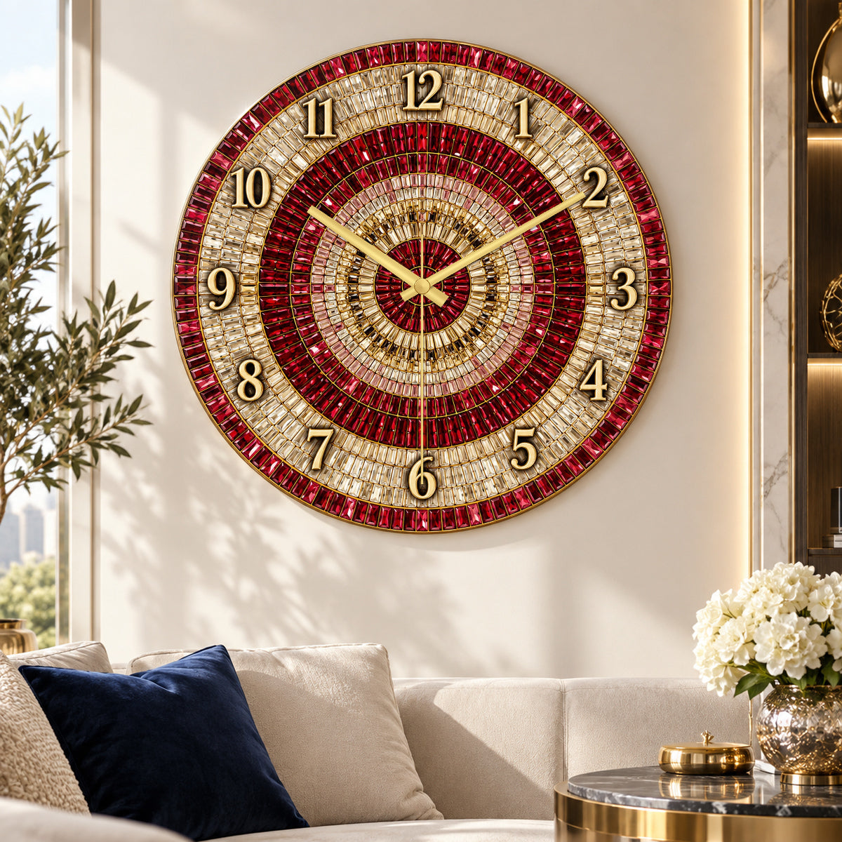 Kırmızı gold cam saatin aydınlık salonda görünümü