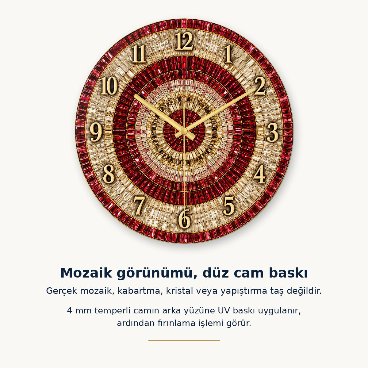 Gerçek mozaik, kabartma, kristal veya yapıştırma taş değildir: 4 mm temperli camın arka yüzüne UV baskı ve ardından fırınlama uygulanır