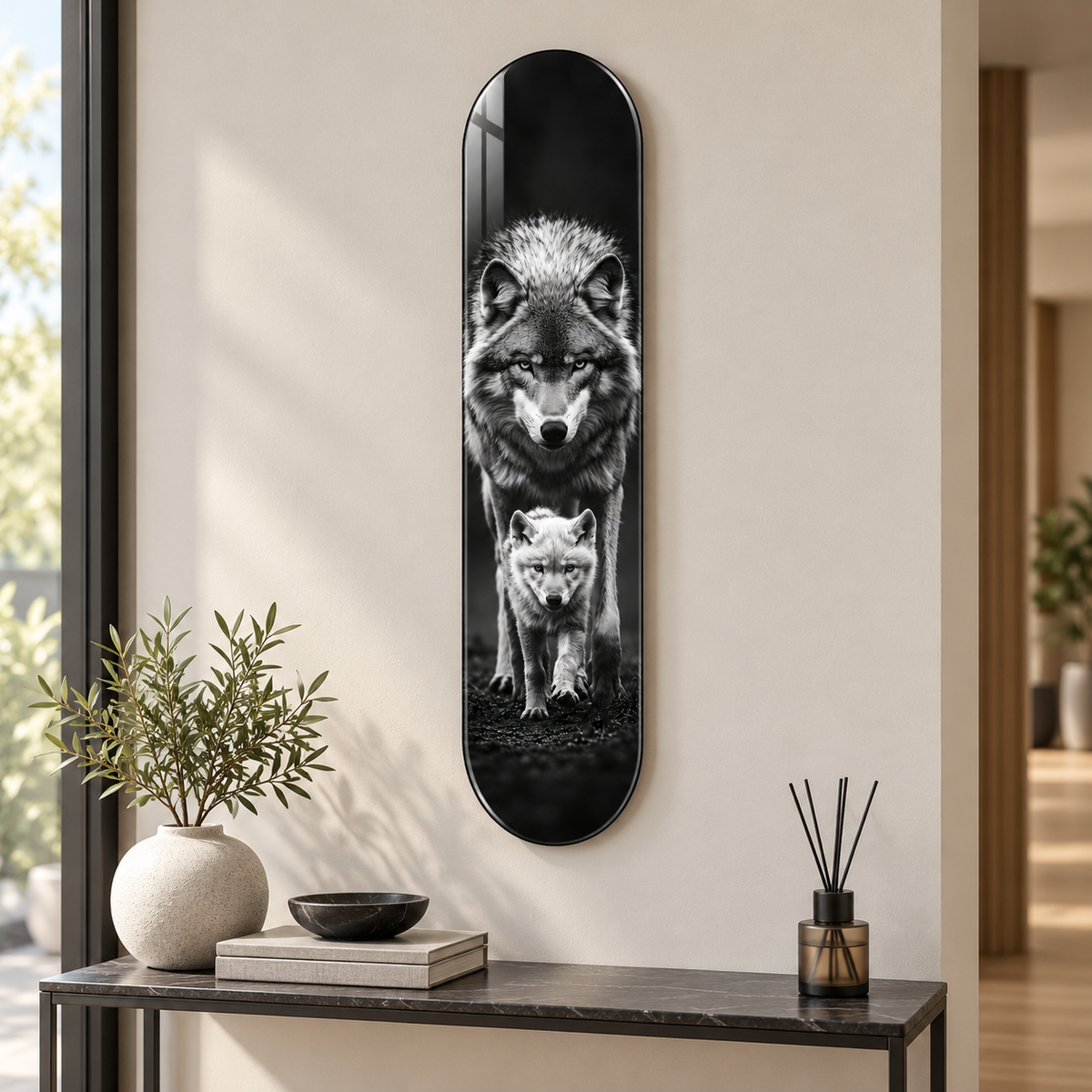 Kurt ve Yavrusu Dikey Skate Board Cam Tablo – Antrede görünüm