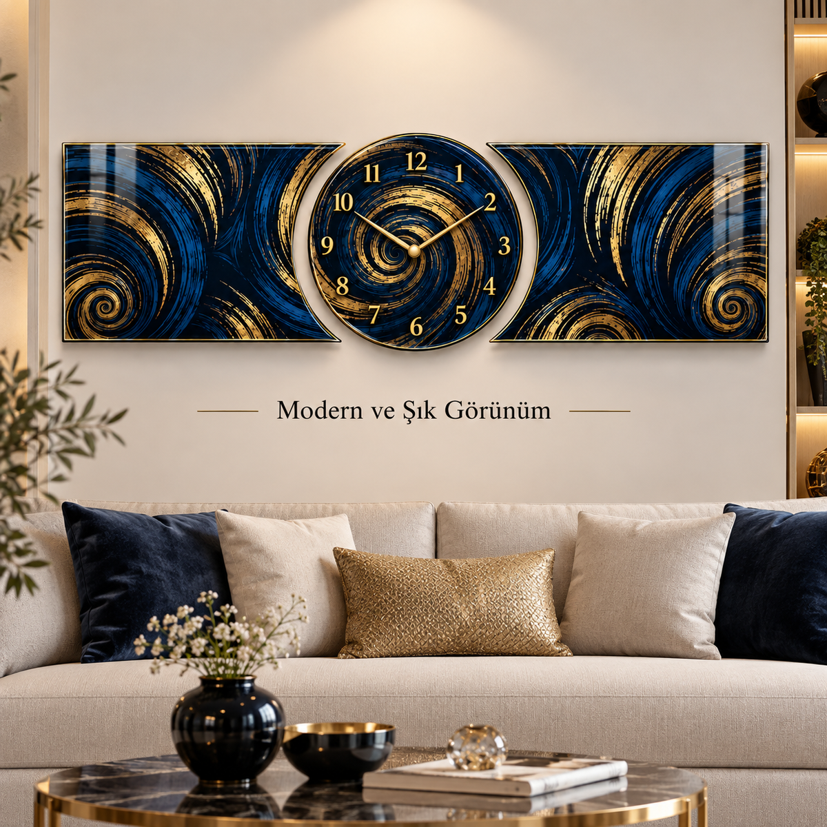 Lacivert altın spiral saatli şekilli kesim cam saat seti modern salon görünümü