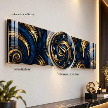 Lacivert altın spiral saatli şekilli kesim cam saat seti 4 mm ince cam ve duvar mesafesi detayı