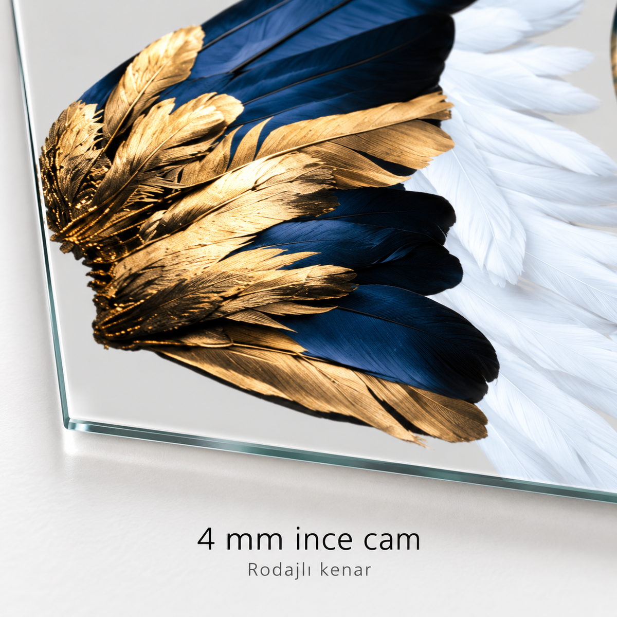 Lacivert Altın ve Beyaz Tüy Desenli Şekilli Kesim Cam Tablo — 4 mm ince cam