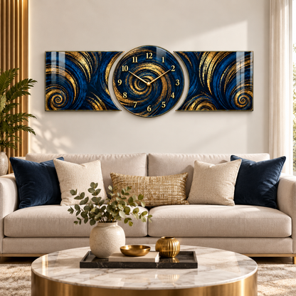 Lacivert altın spiral saatli şekilli kesim cam saat seti salon görünümü