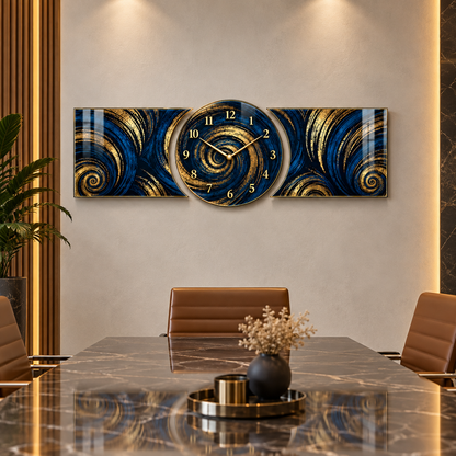 Lacivert altın spiral saatli şekilli kesim cam saat seti toplantı salonu görünümü