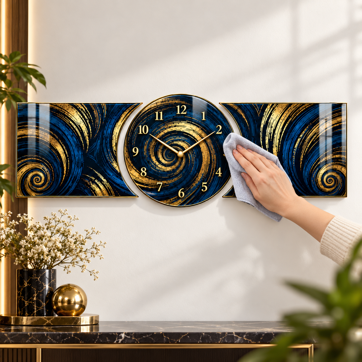 Lacivert altın spiral saatli şekilli kesim cam saat seti kolay temizlik detayı