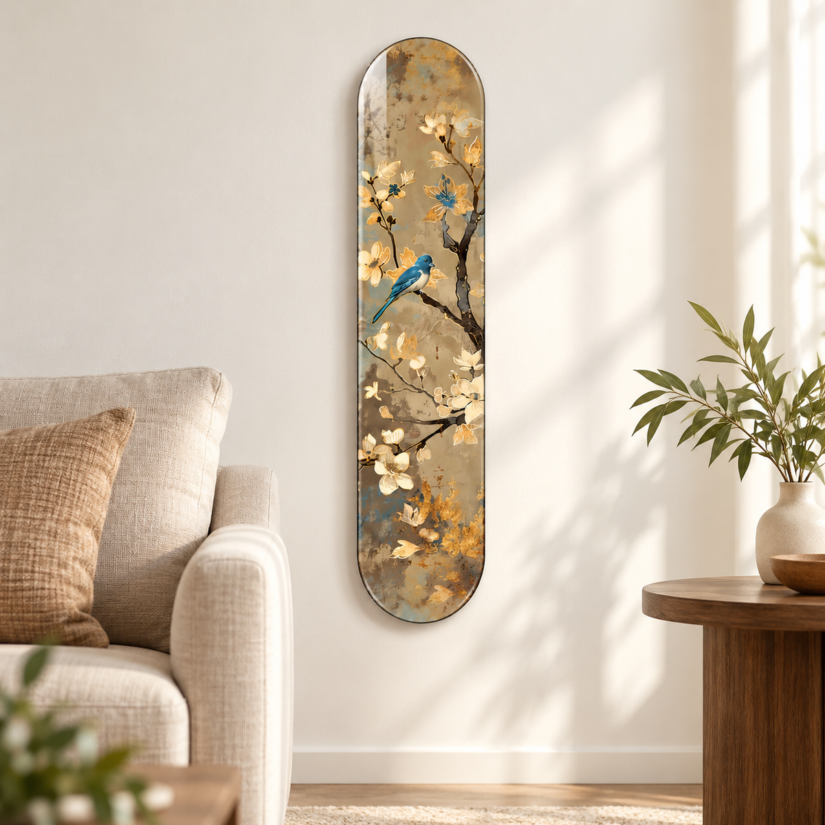 Manolyalı Dalda Mavi Kuş Dikey Skate Board Cam Tablo – Salonda görünüm