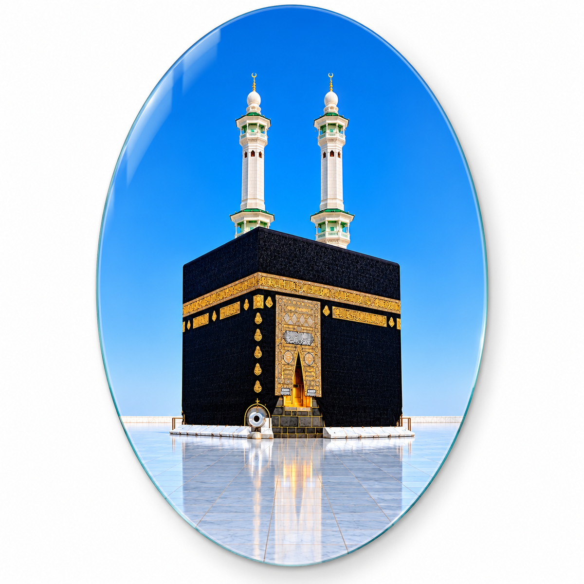 Mavi Gökyüzü ve İki Minareli Kâbe Dikey Oval Cam Tablo - Beyaz zemin vitrin
